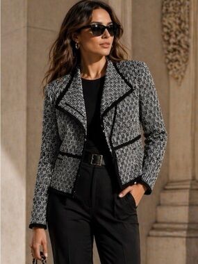 DEX $130 The Suit Shop NY Cropped Tweed Fringe Trim Moto Blazer‎ B&W Sz M NWOT